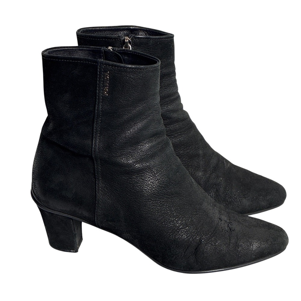 Prada Black Leather Ankle Boots Pointed Toe Block Heel‎ Made in Italy 3T 5247 40